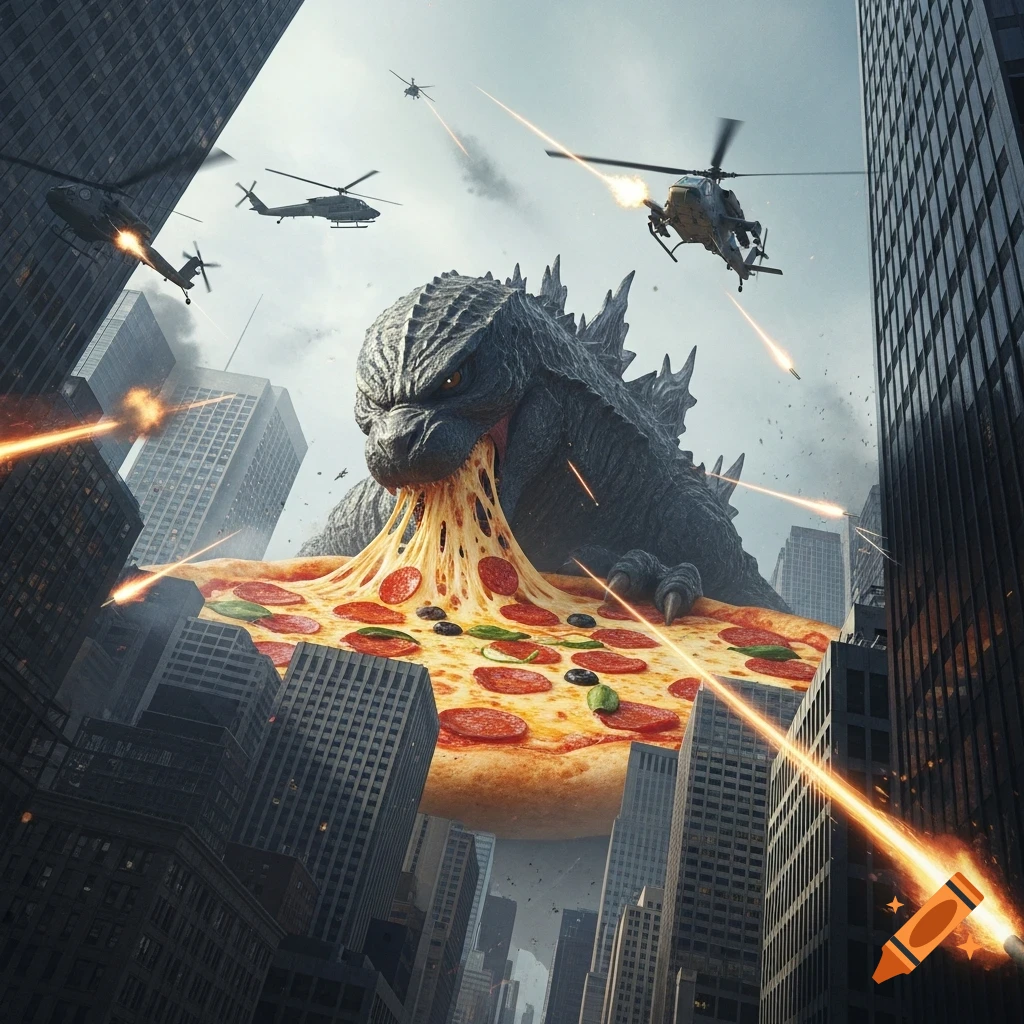 Photorealistic image of Godzilla eating a city-sized pepperoni pizza in a downtown metropolis while military helicopters fire at him.