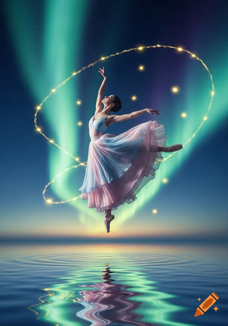 A ballerina in a flowing blue and pink dress leaps gracefully against a starry night sky with the aurora borealis and glowing lights, reflected in the water below.