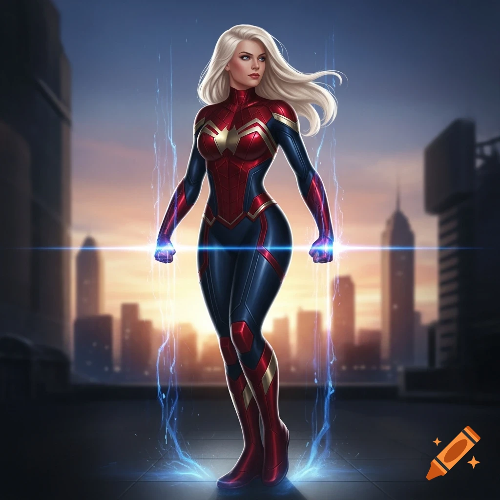 Blonde female superhero in a red and blue suit with gold accents, glowing with blue energy, standing on a rooftop at sunset. Comic art style.