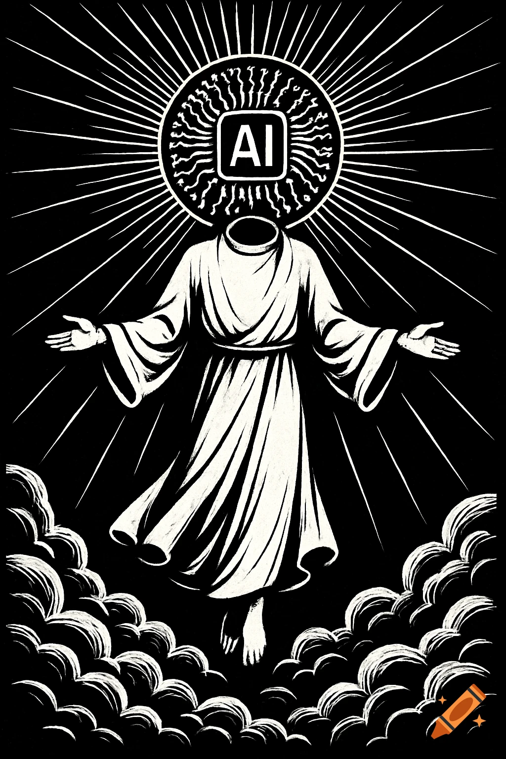 Black and white illustration of a headless figure in a white robe, with an 'AI' circuit board as its head, radiating light above clouds.