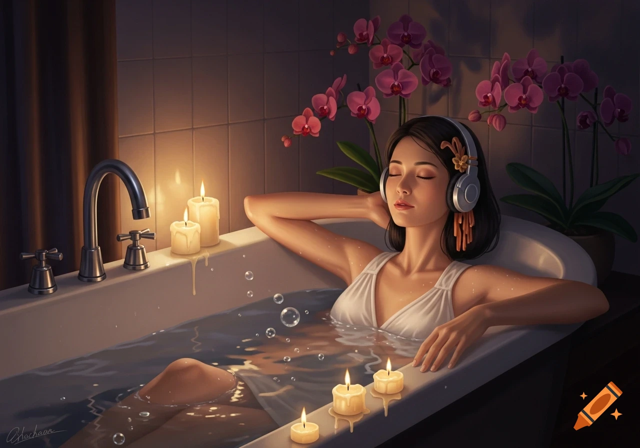 An illustrative image of a peaceful woman in a bathtub wearing headphones, surrounded by glowing candles and orchids.