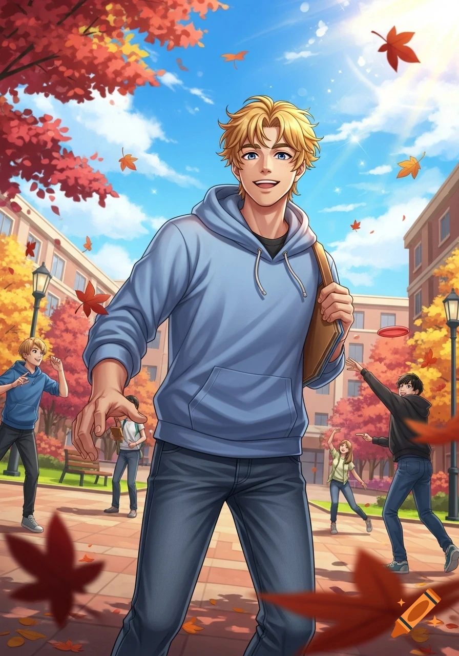 A smiling blonde anime college boy in a blue hoodie walks on a sunny autumn campus with falling leaves and other students.