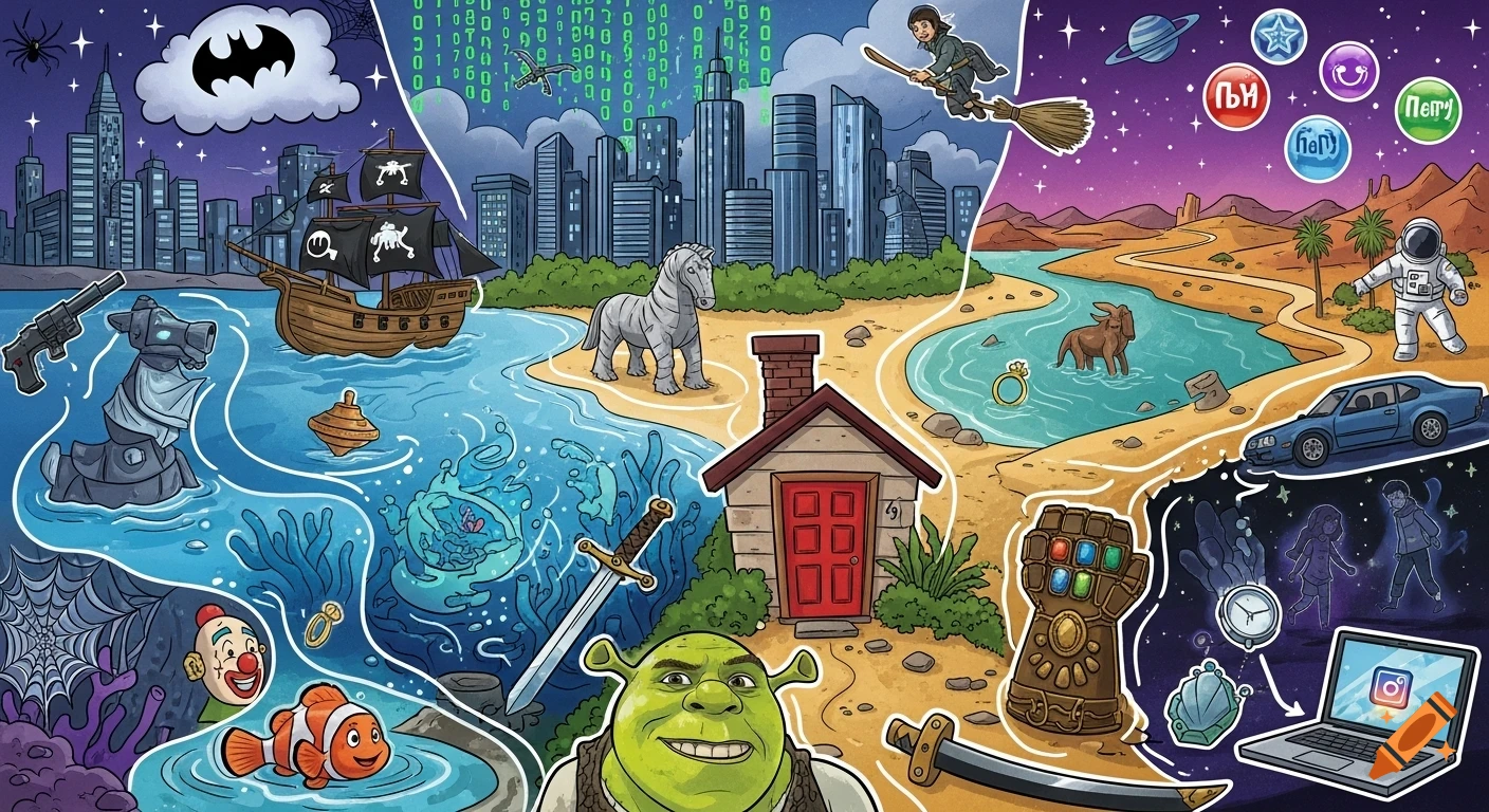 A detailed cartoon hidden-object puzzle with characters and symbols from various movies and franchises in diverse themed zones.