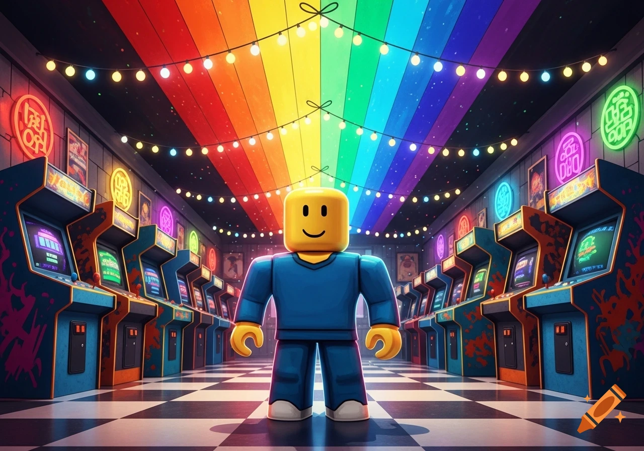 A Roblox noob character stands in a rainbow-themed arcade with rows of colorful arcade machines and string lights.