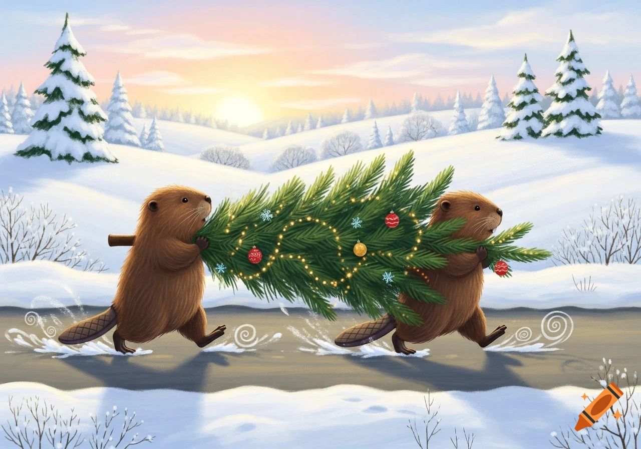Two cute beavers carry a Christmas tree decorated with lights and ornaments across a snowy winter road at sunset. Illustrated style.