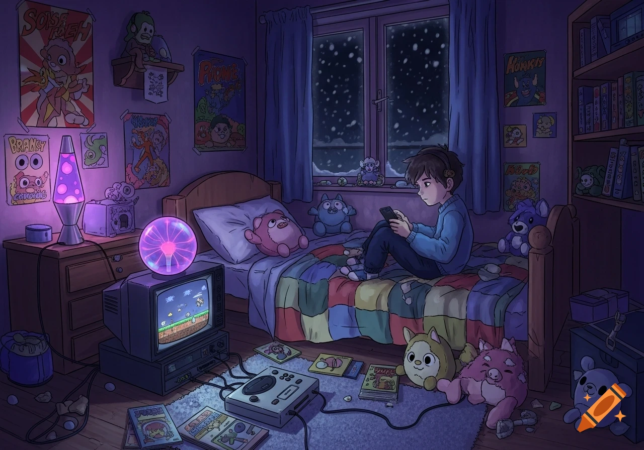 A young boy sits on his bed in a cozy, cluttered bedroom at night, lit by a lava lamp and plasma ball, looking at his phone while a video game plays on an old TV. Snow falls outside the window.