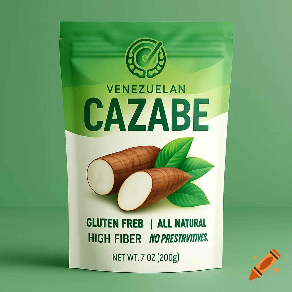 A green and white package for Venezuelan Cazabe, a gluten-free and high-fiber food, featuring cassava roots and leaves.
