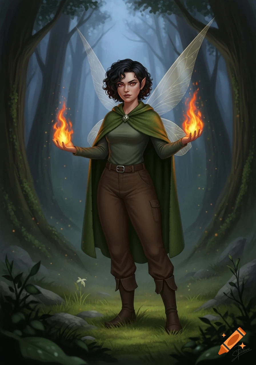 A dark-haired, red-eyed fairy in a green cape and brown trousers holds fire in her hands, standing in a dim forest.