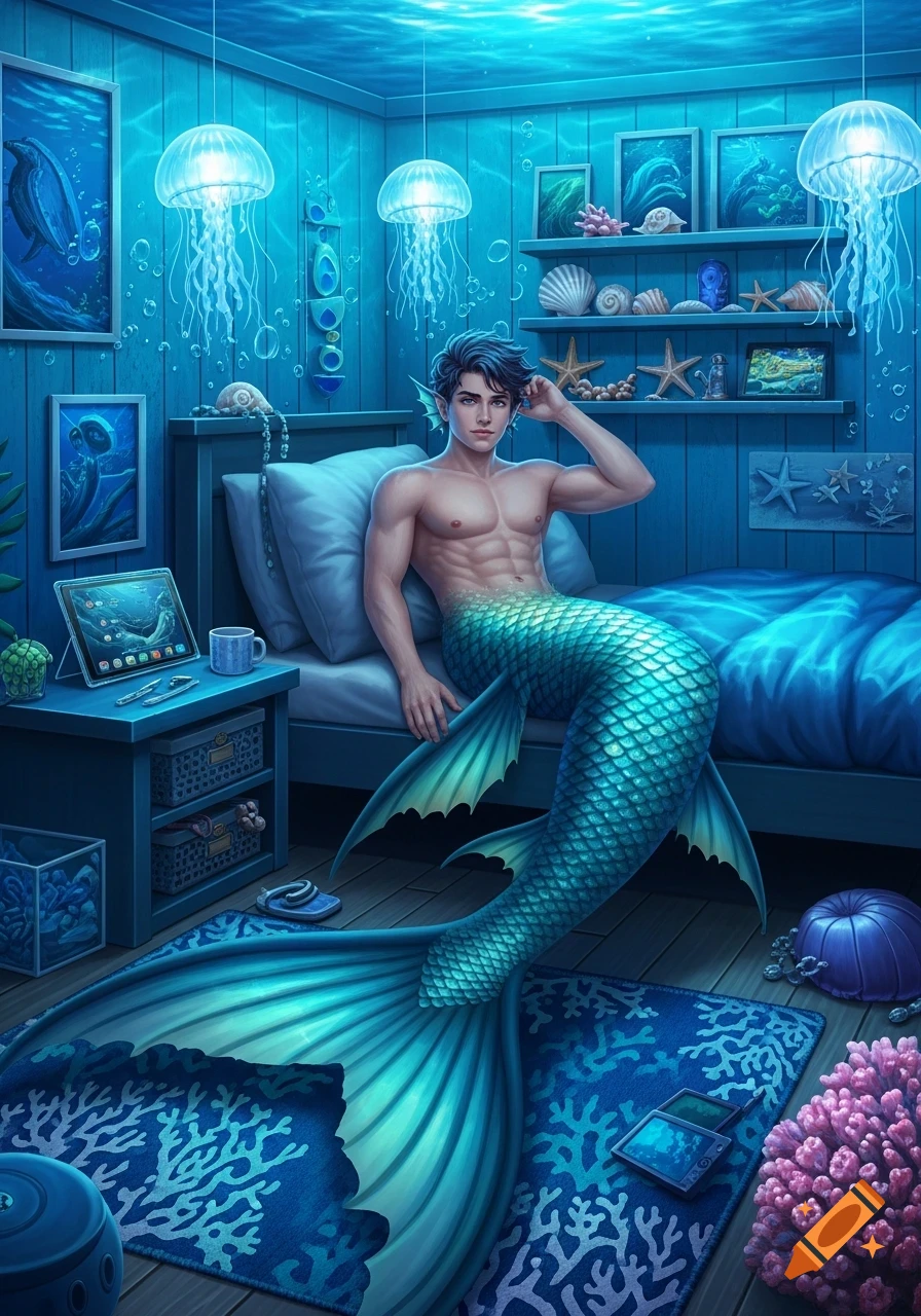 A teenage merman with a blue-green tail sits shirtless on a bed in a vibrant blue underwater room with jellyfish lamps.