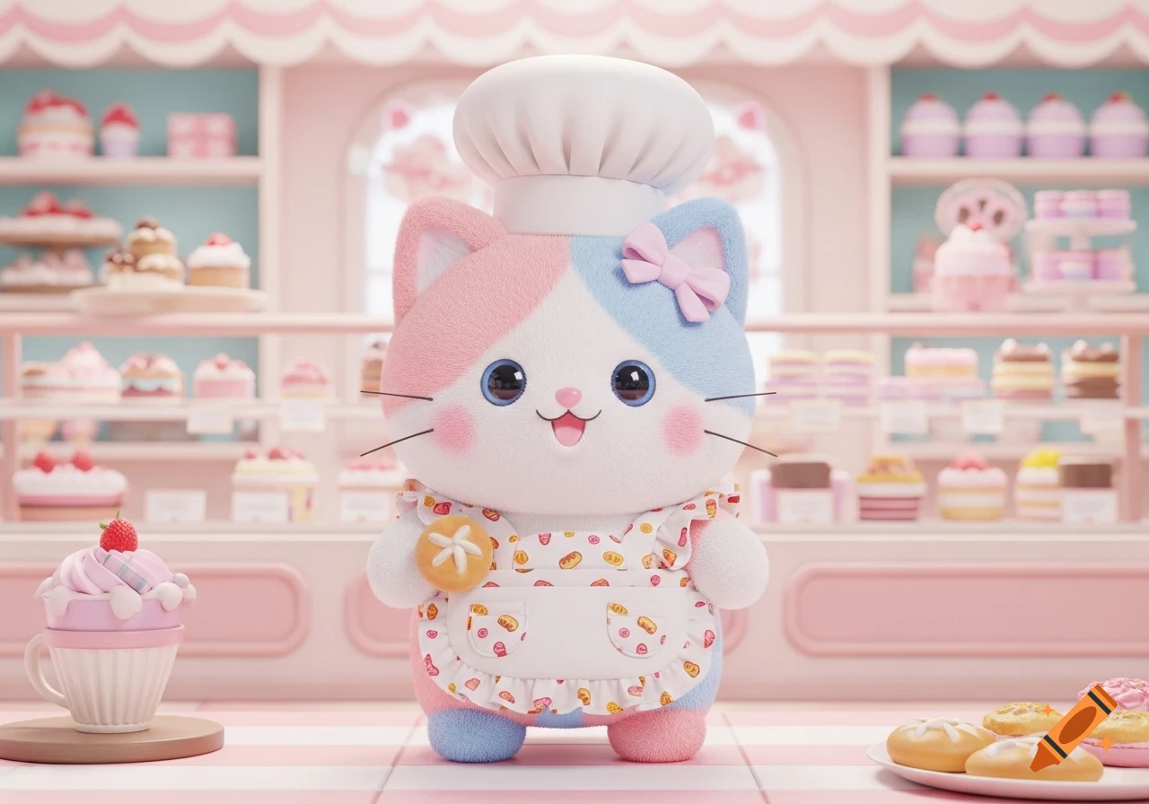 A cute pink and blue plush cat chef wearing a toque and apron, holding a bread roll, standing in a pastel bakery.