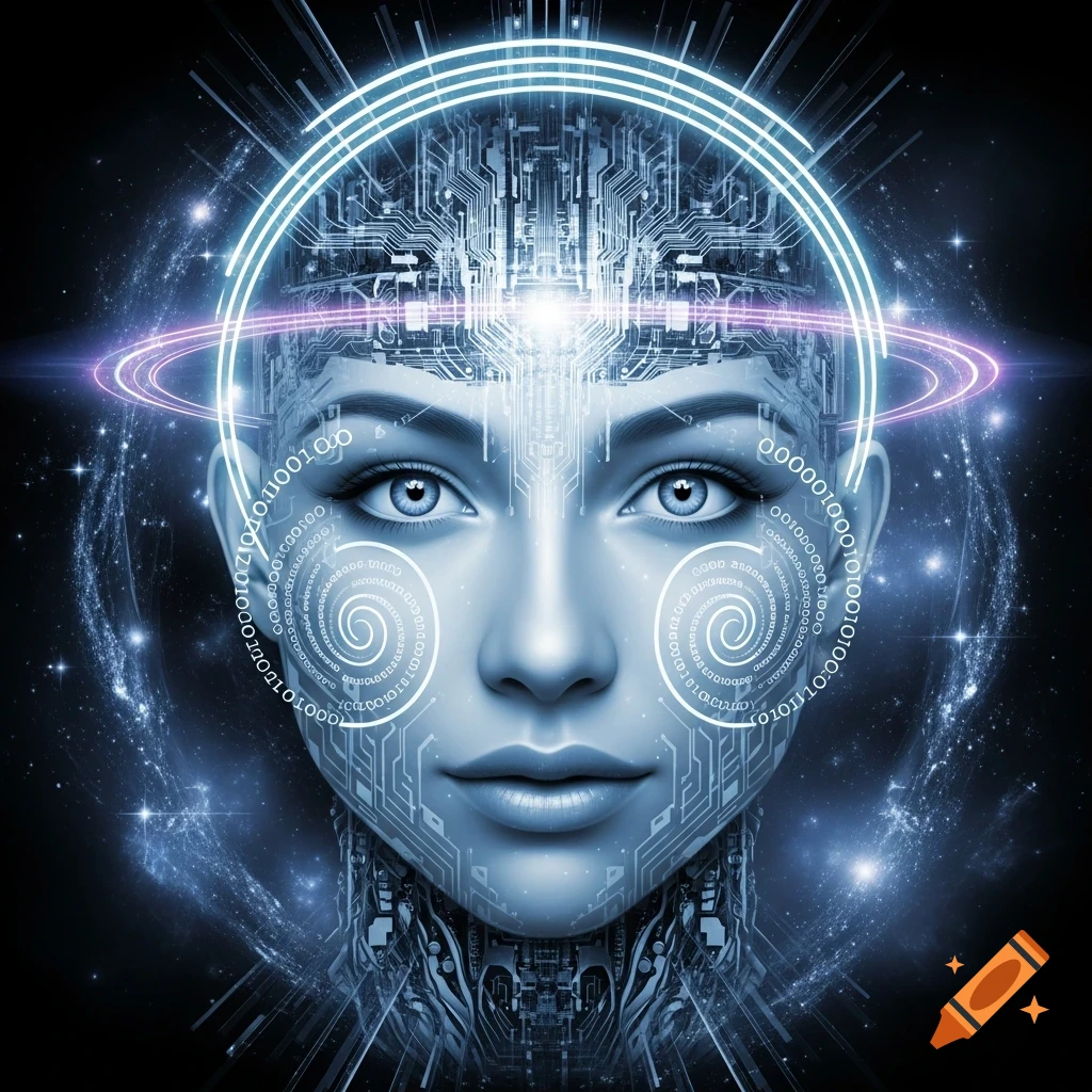 A futuristic, ethereal female face composed of intricate circuit board patterns and glowing lines, adorned with binary code spirals, against a dark, starry cosmic background.