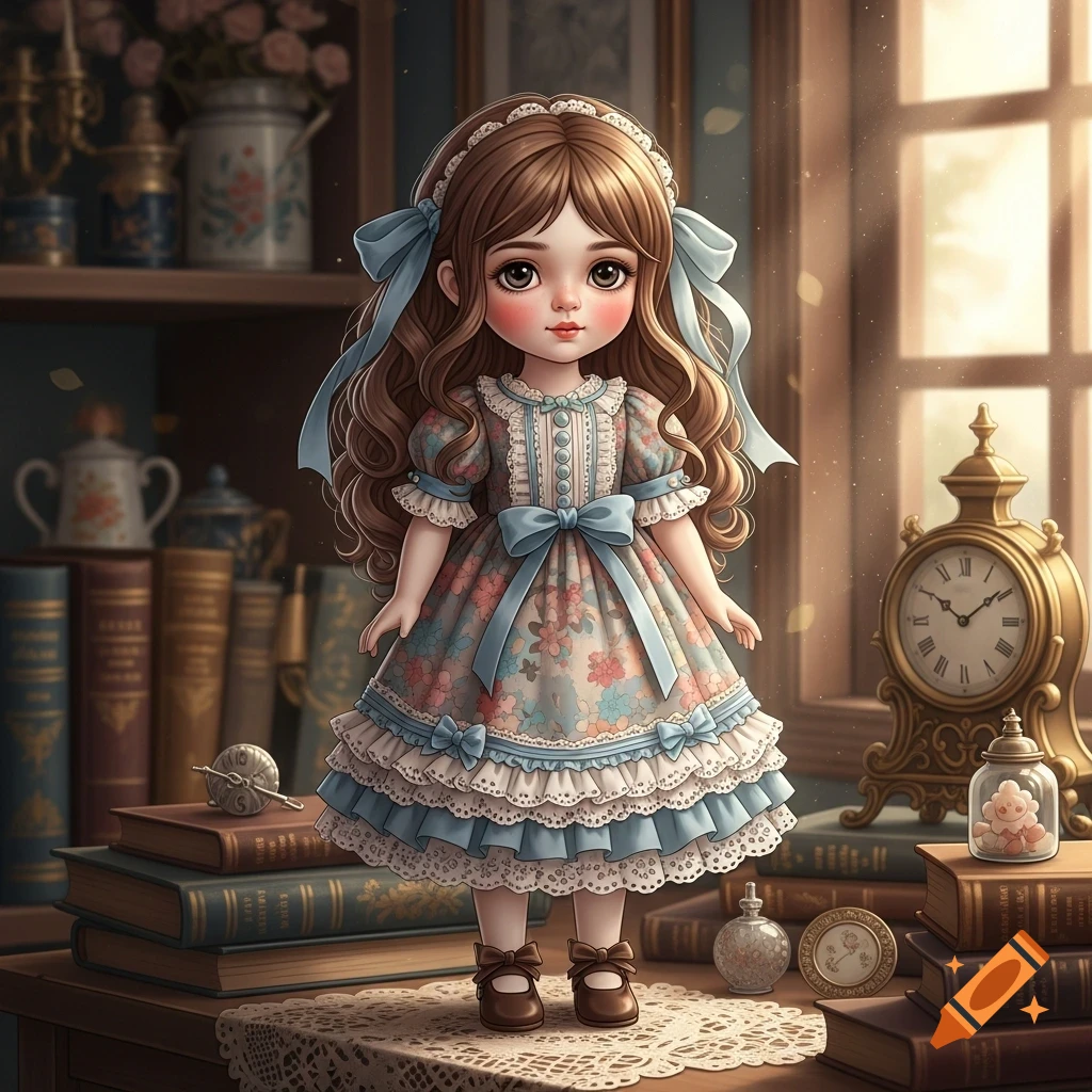 A cute doll illustration with big eyes, long brown hair, blue bows, and a floral dress, on a table with old books and an antique clock.