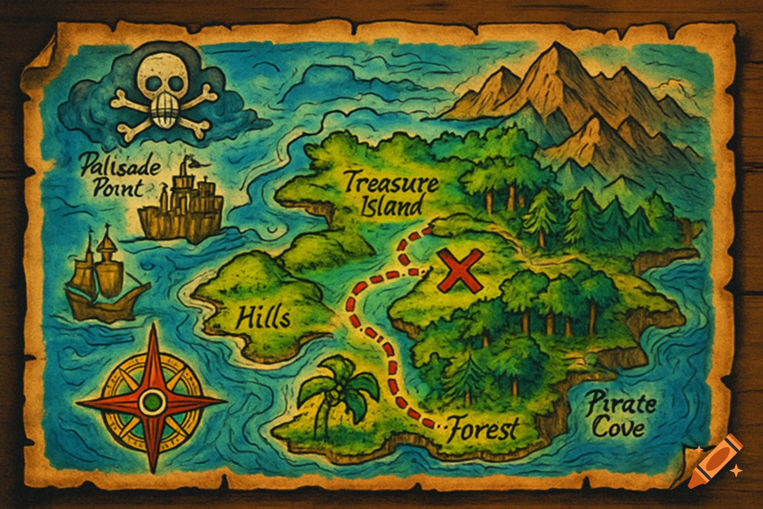 A colorful, hand-drawn style treasure map showing islands, ships, mountains, and a dotted path leading to a red X.