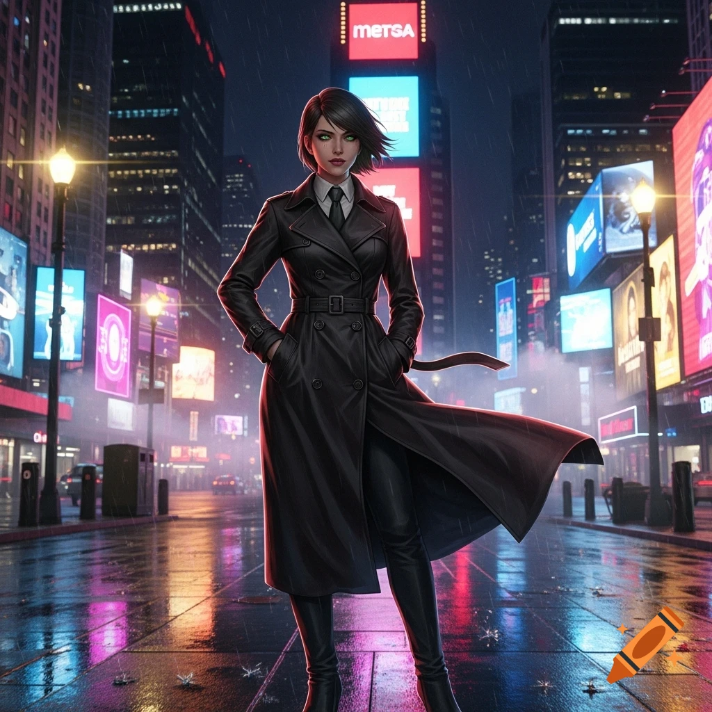 A woman with short dark hair and green eyes stands in a black trench coat on a wet city street at night, surrounded by neon signs in an anime art style.
