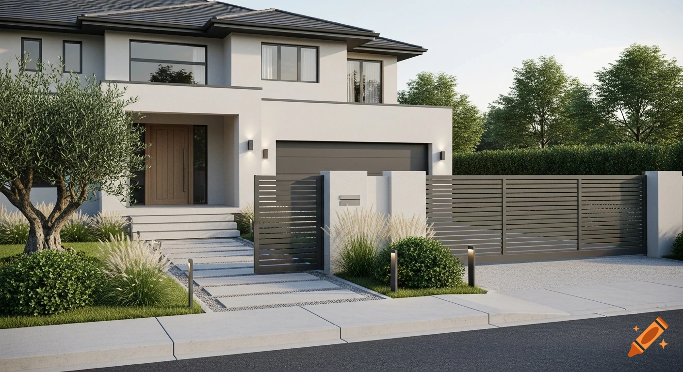 A photorealistic rendering of a contemporary two-story house with a modern landscape, dark gray gate, and light concrete path.