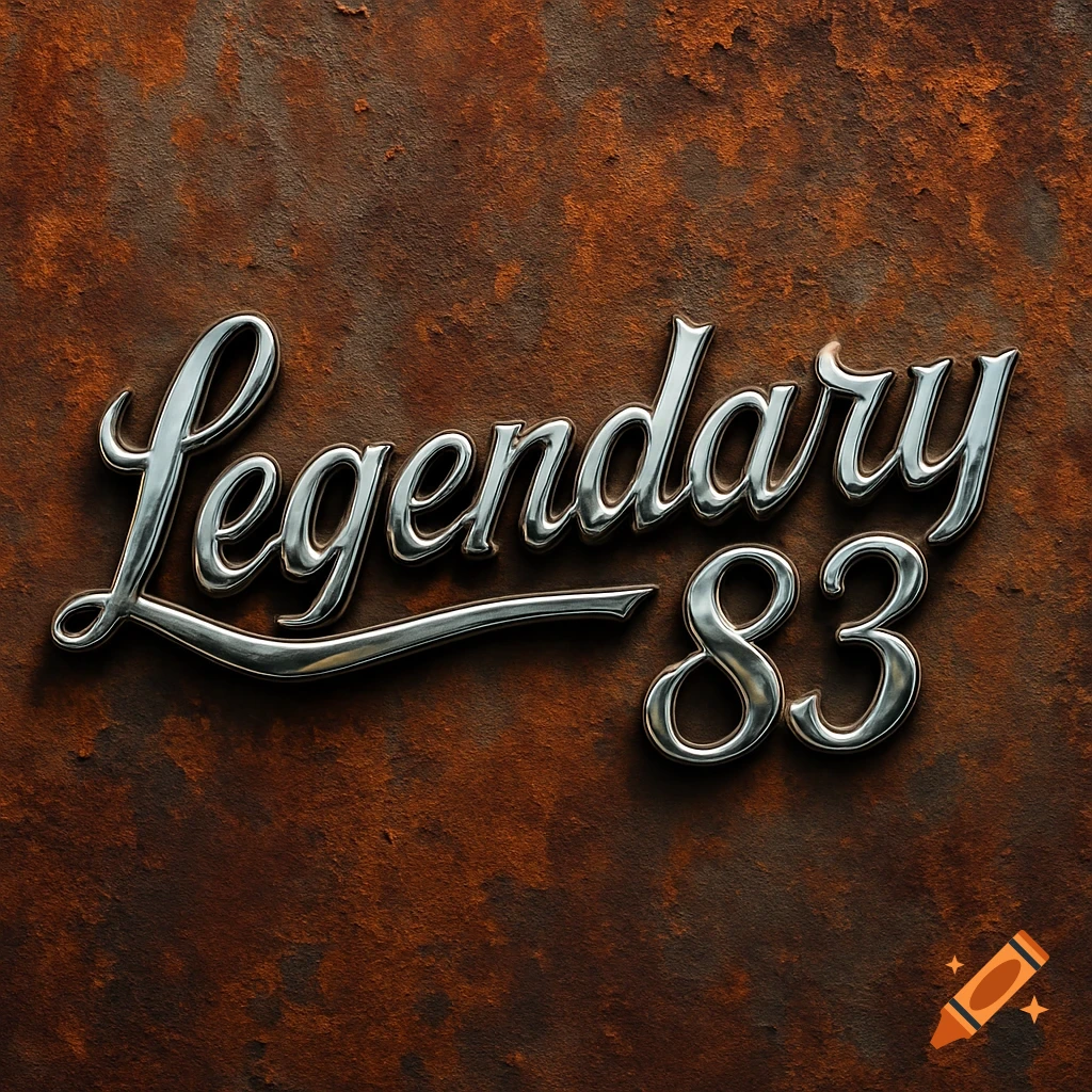 Chrome-like 'Legendary 83' text rendered with a reflective finish, against a richly textured, distressed rusty metal background.