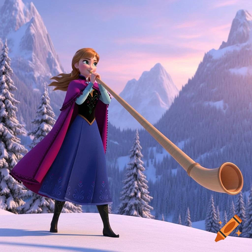 Princess Anna in a snowy mountain landscape, playing a long wooden ...