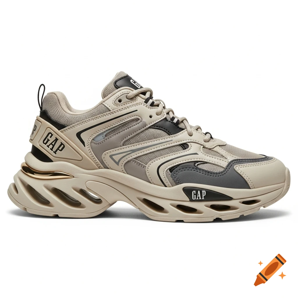 A beige, gray, and black chunky sneaker with gold accents and GAP branding on a white background, in a futuristic streetwear style.
