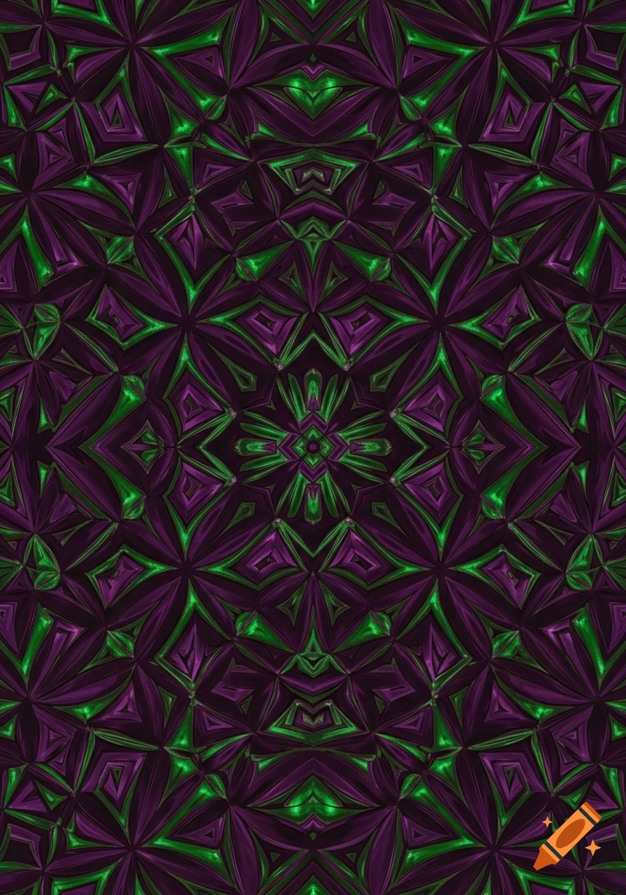 A vibrant symmetrical abstract pattern in dark purple and bright green, resembling a kaleidoscope.