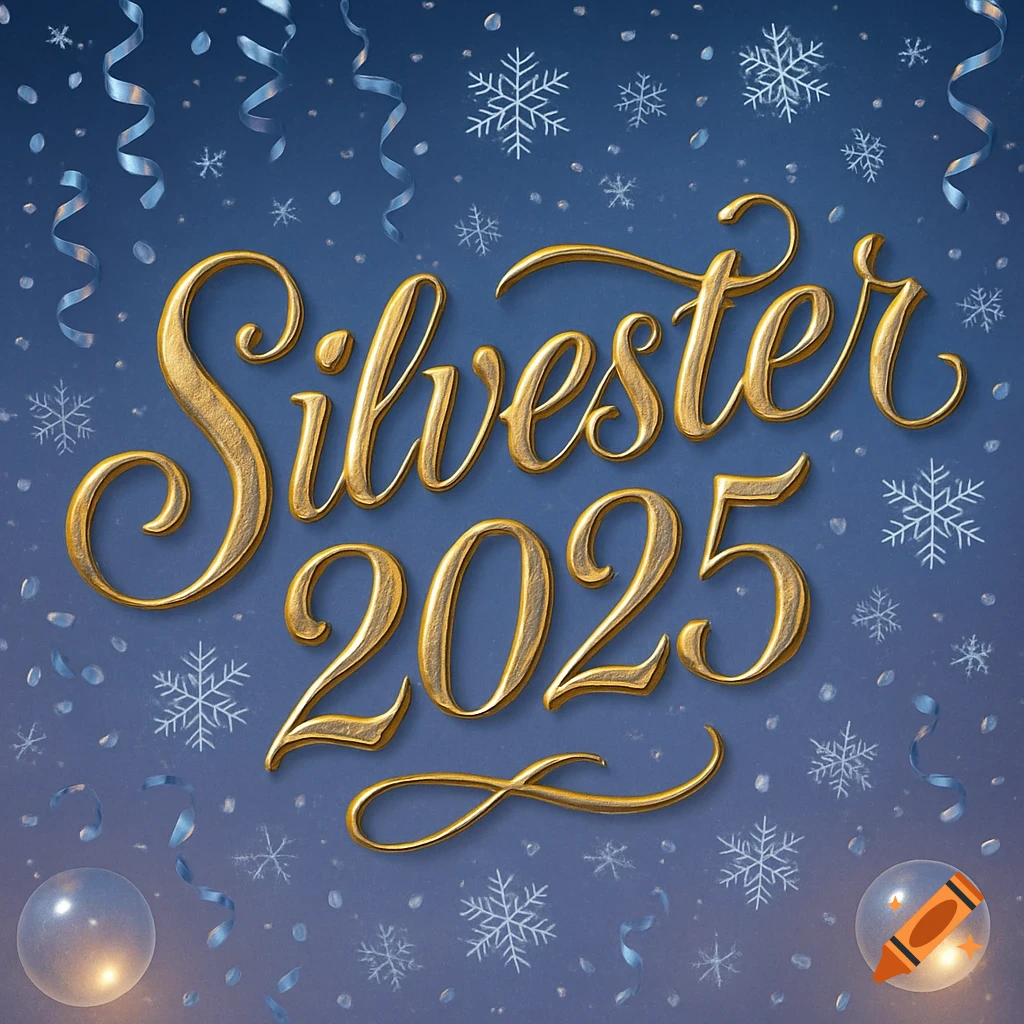 Golden script reads 'Silvester 2025' on a blue background with snowflakes, ribbons, and sparkling bubbles.