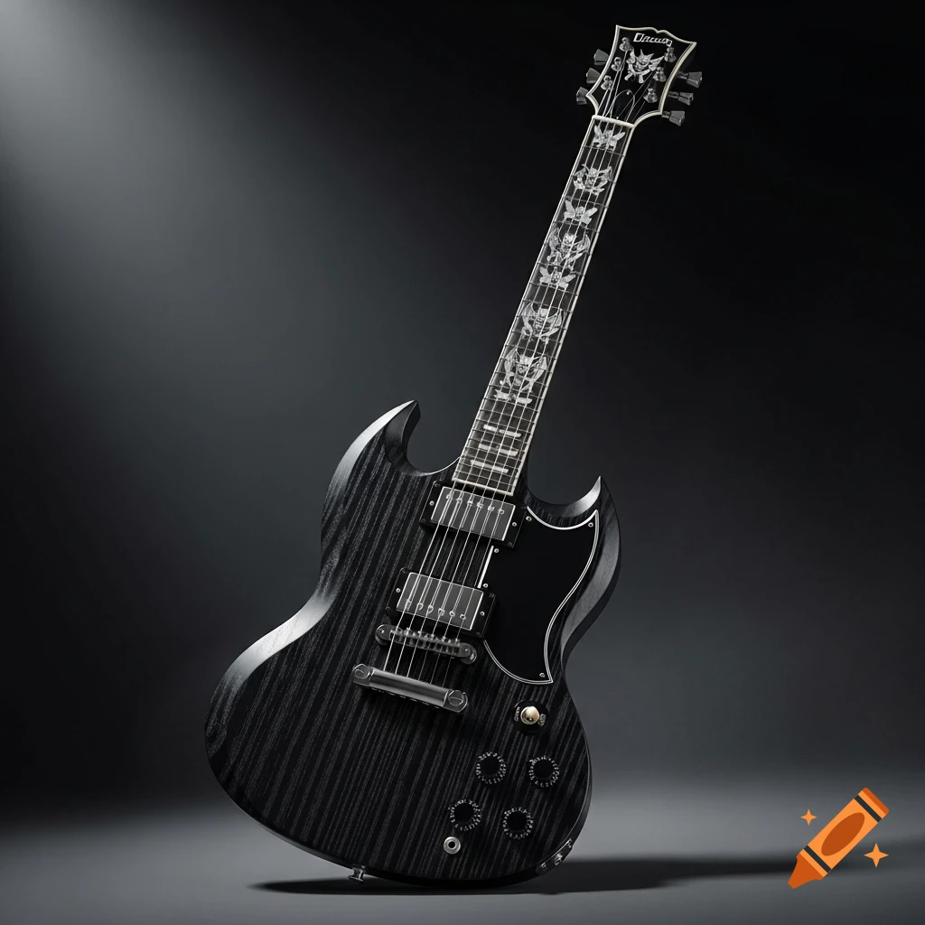 A black SG-style electric guitar with wood grain and gray gargoyle-themed fretboard inlays, illuminated by a spotlight against a dark background.