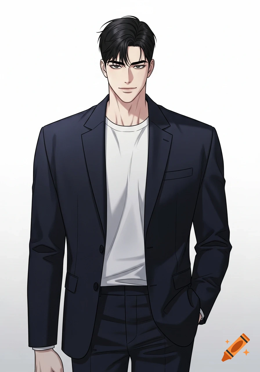 A handsome young man with black hair, wearing a dark blue suit and white t-shirt, in a modern webtoon art style.