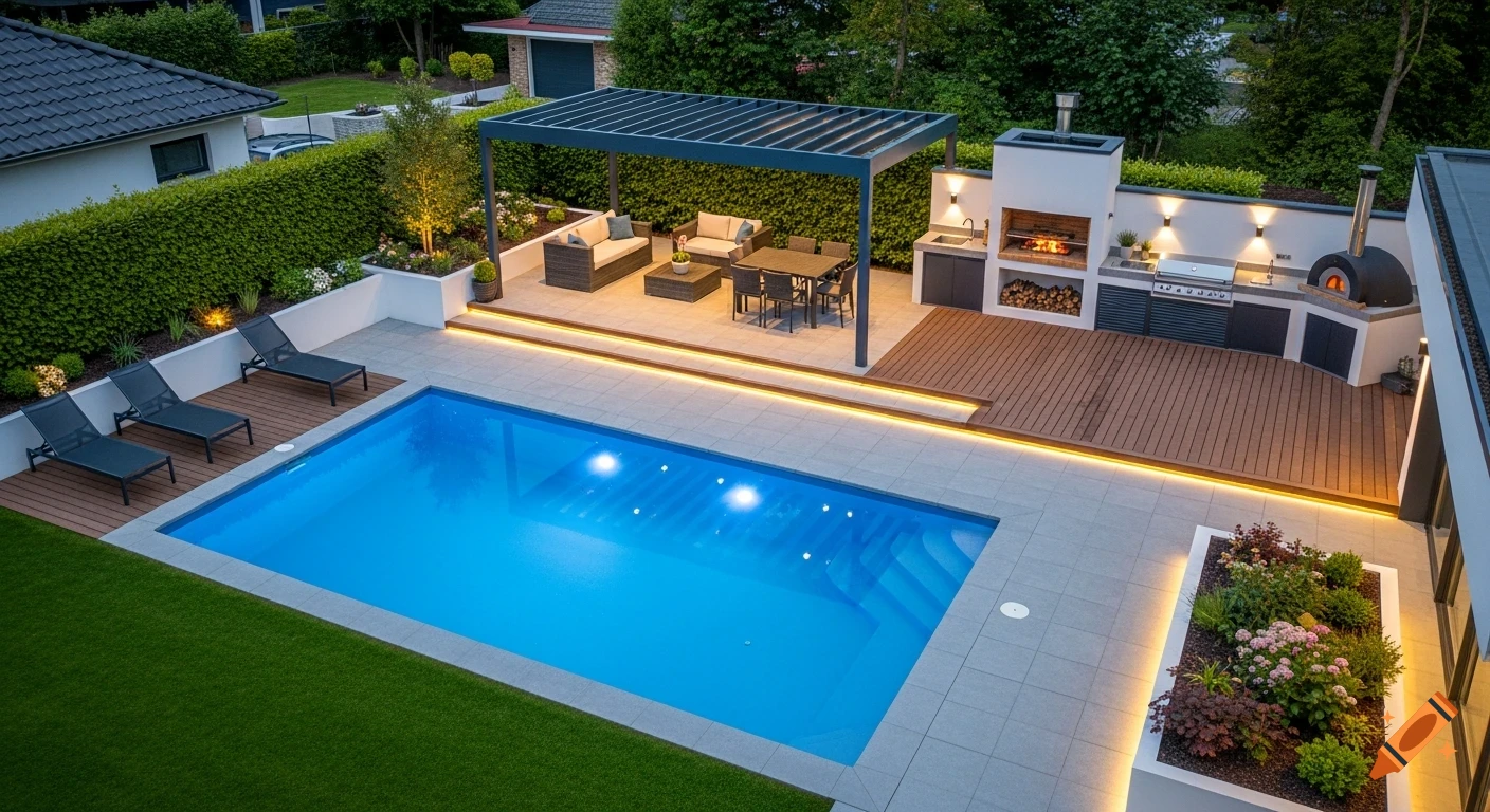 Aerial view of a modern patio with a swimming pool, outdoor kitchen, pergola, loungers, and LED lighting.