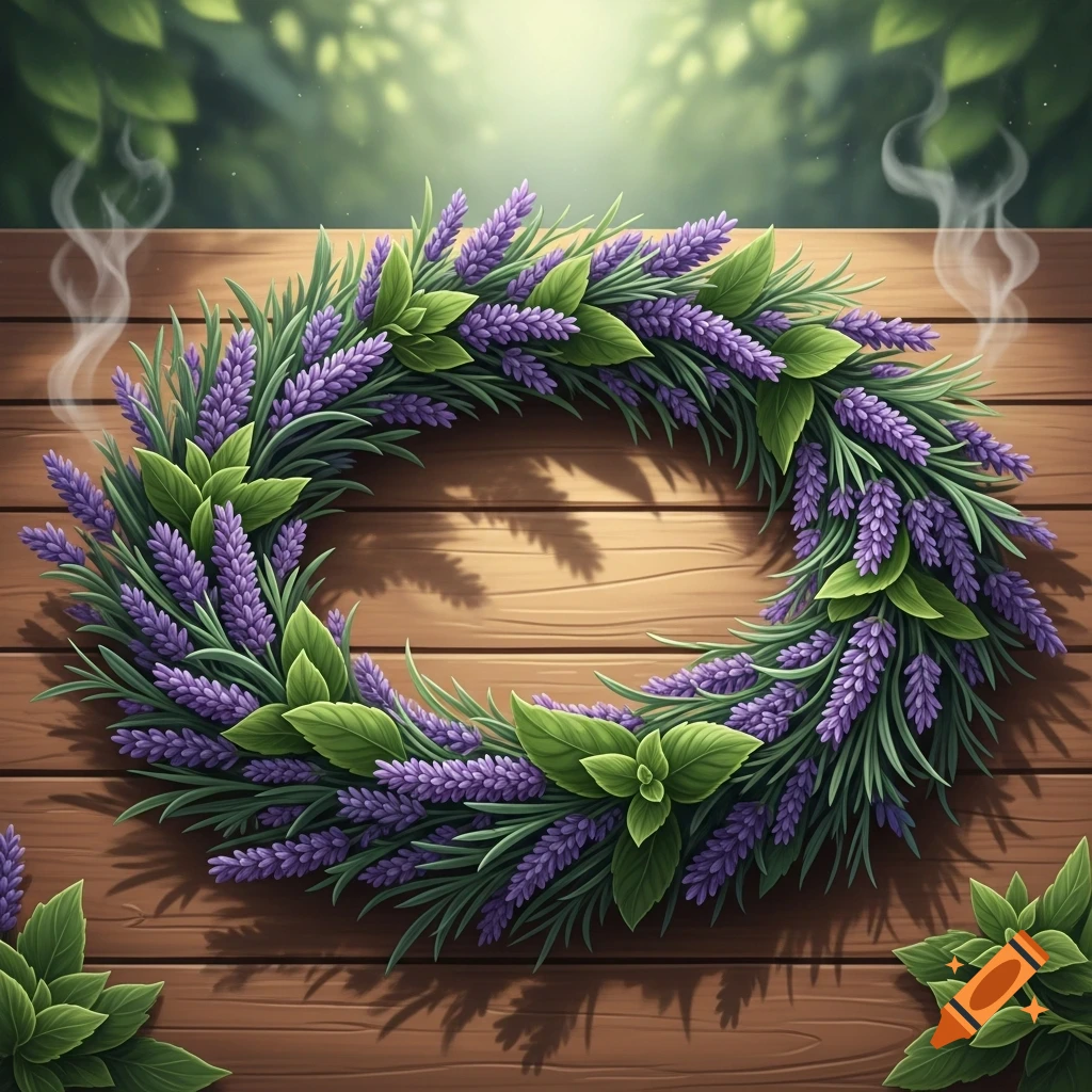 Illustrative wreath of purple lavender and green leaves on a wooden table with smoke, set against a green bokeh background.