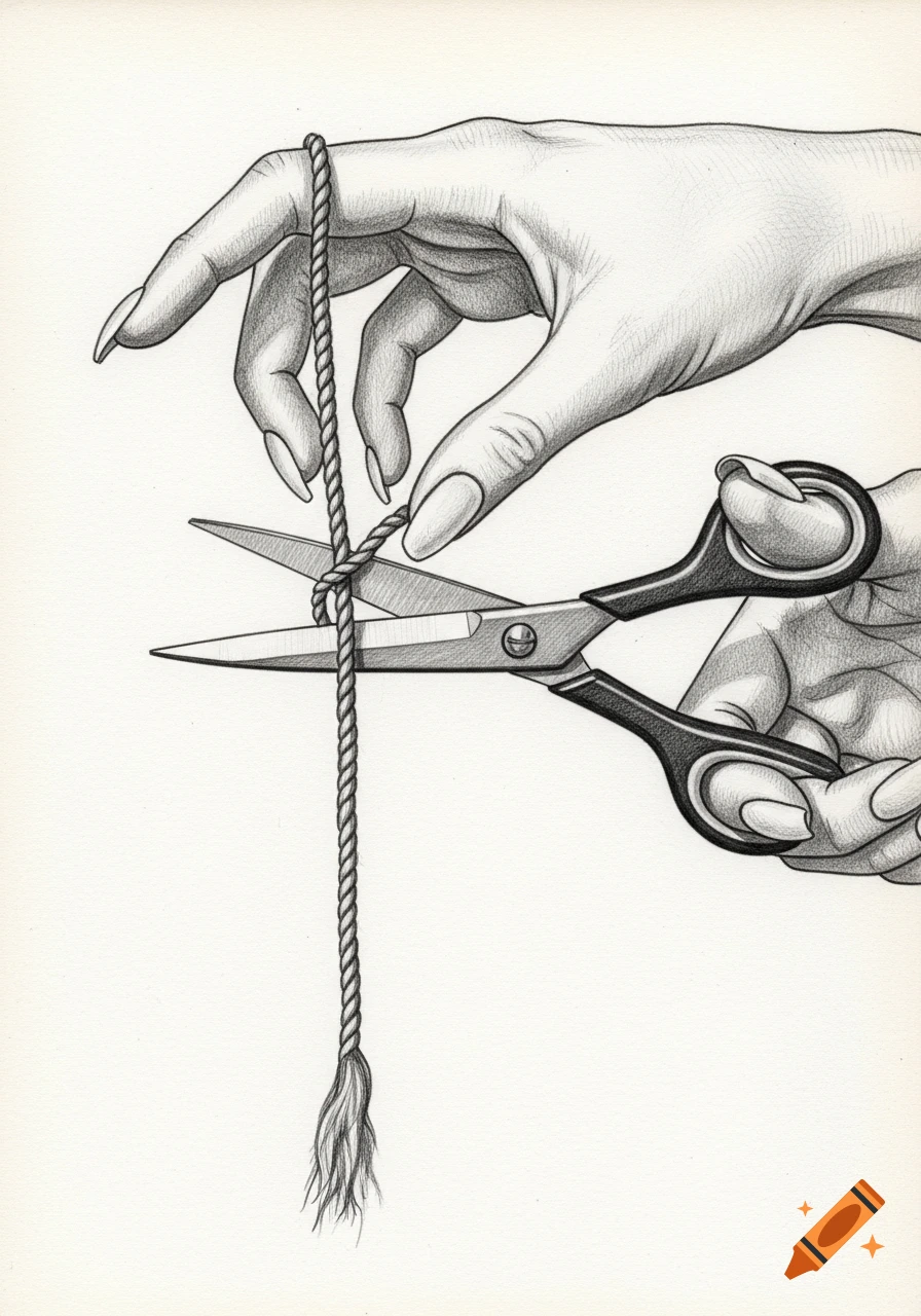 A pencil drawing of a hand with long nails holding a rope as scissors cut it.