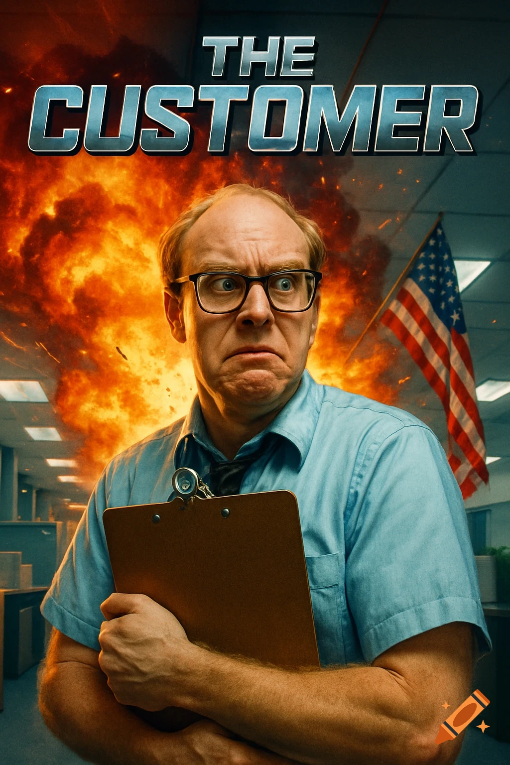 Movie poster for 'THE CUSTOMER' shows a panicked man with glasses and a clipboard before an office explosion with an American flag.