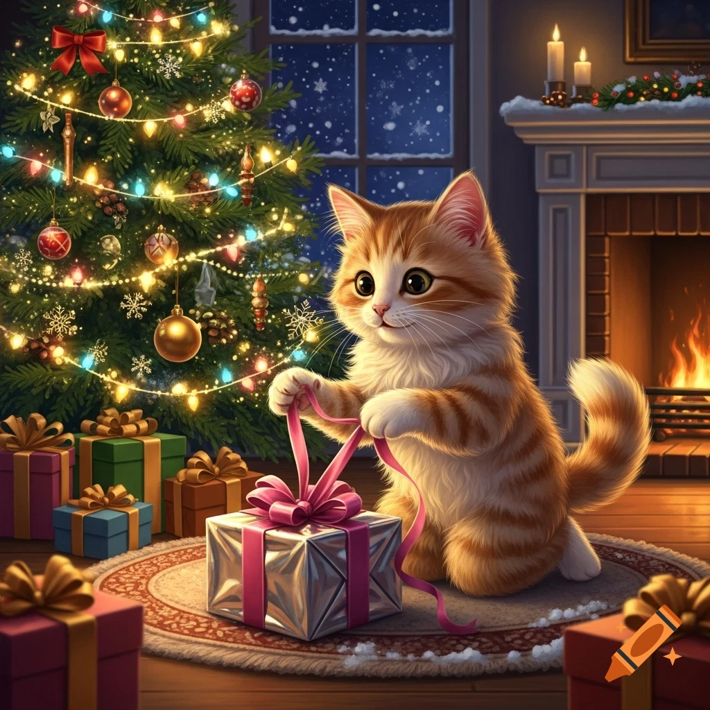 A cute ginger cat unwraps a silver gift by a decorated Christmas tree and a warm fireplace.