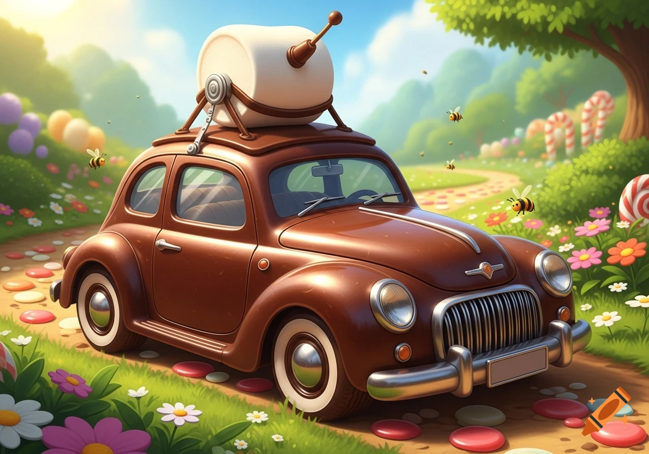 A whimsical chocolate car with a marshmallow radar on its roof drives through a vibrant candy-land filled with flowers, bees, and lollipops.