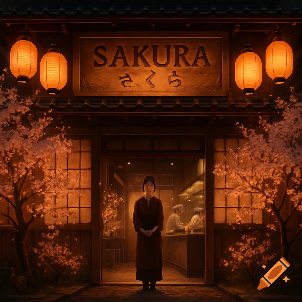 A Japanese restaurant at night with 'SAKURA' on the sign. A woman stands at the entrance, flanked by cherry blossom trees and lanterns.