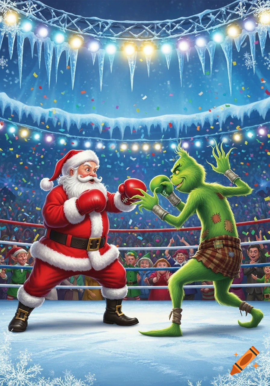 Cartoon of Santa Claus and the Grinch boxing in an icy arena with a cheering crowd and falling confetti.
