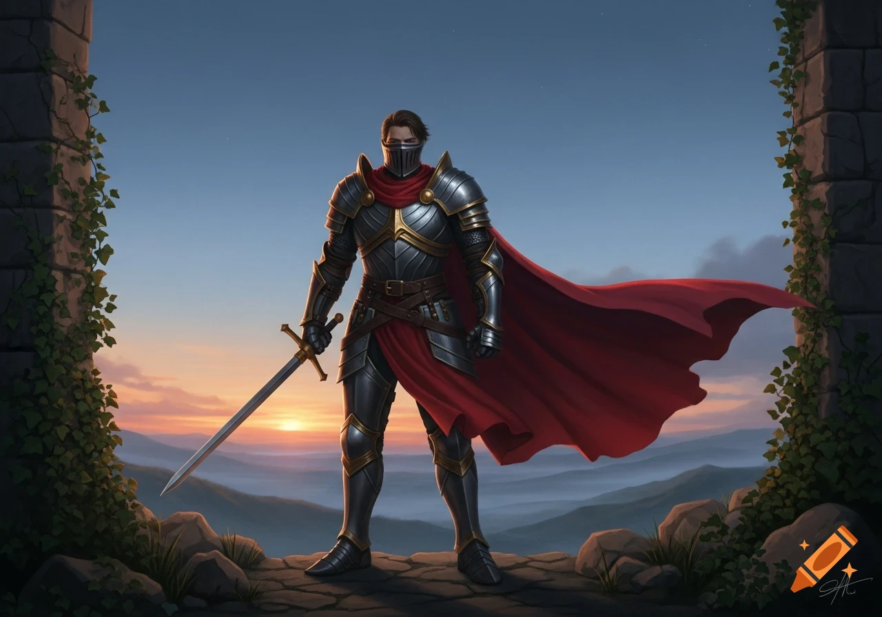 A knight in shining armor with a flowing red cape and a sword stands on a rocky ledge between ruined arches, overlooking a sunset mountain landscape.