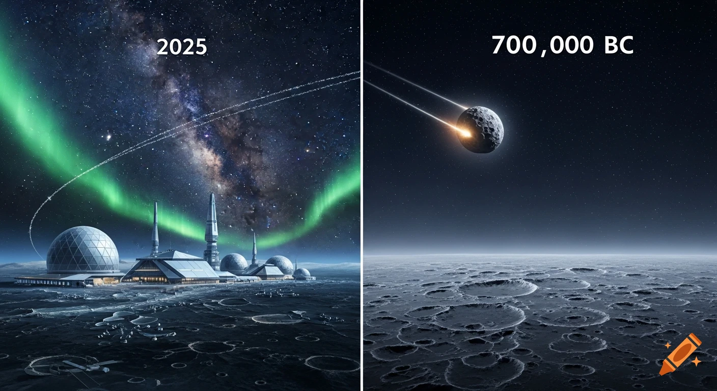 A split image showing a futuristic moon base with green aurora in 2025, and a cratered moon with a falling asteroid in 700,000 BC.