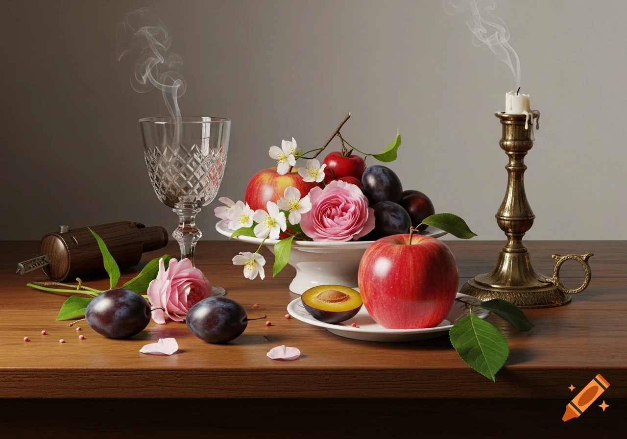 A photorealistic still life of apples, plums, roses, and cherry blossoms with a cut glass and a smoking candle on a wooden table.