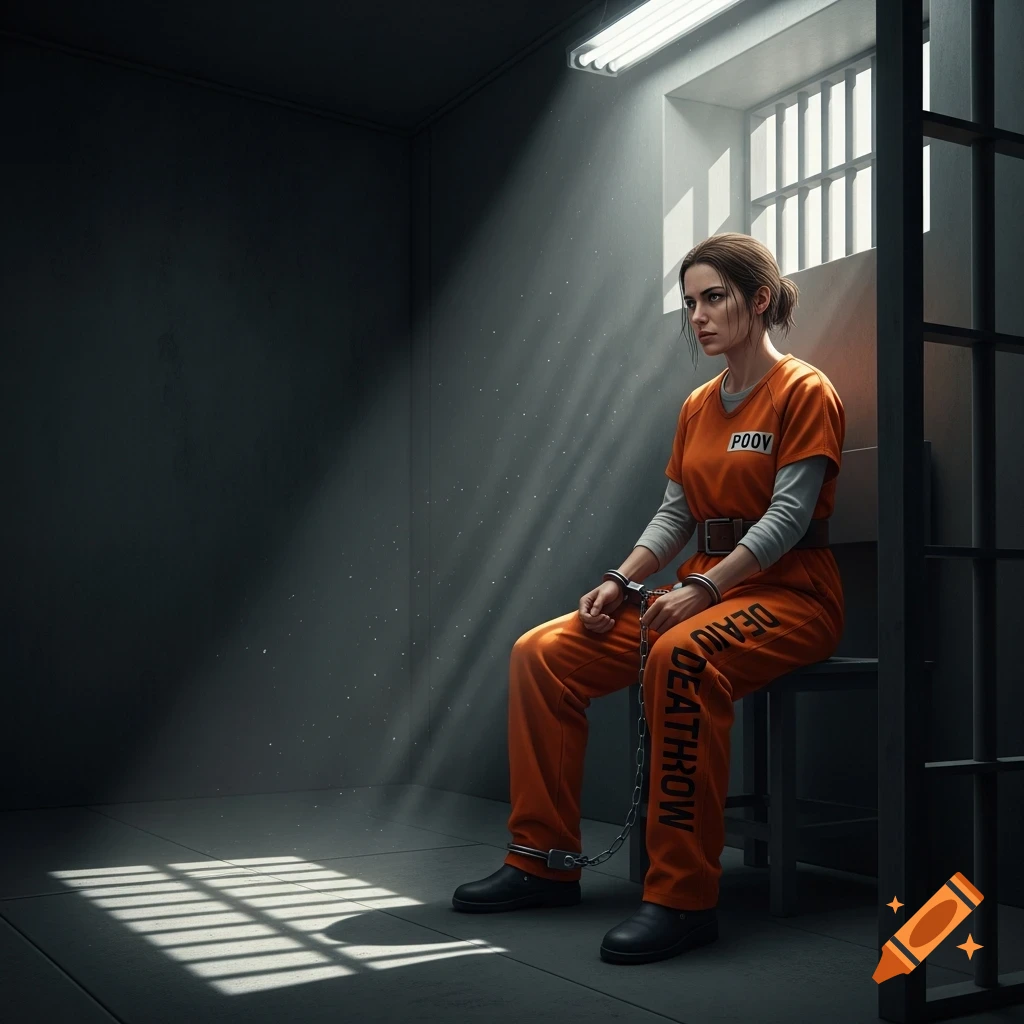 A woman in an orange prison jumpsuit, handcuffed and shackled, sits in a dimly lit cell. Sunlight streams in from a barred window.