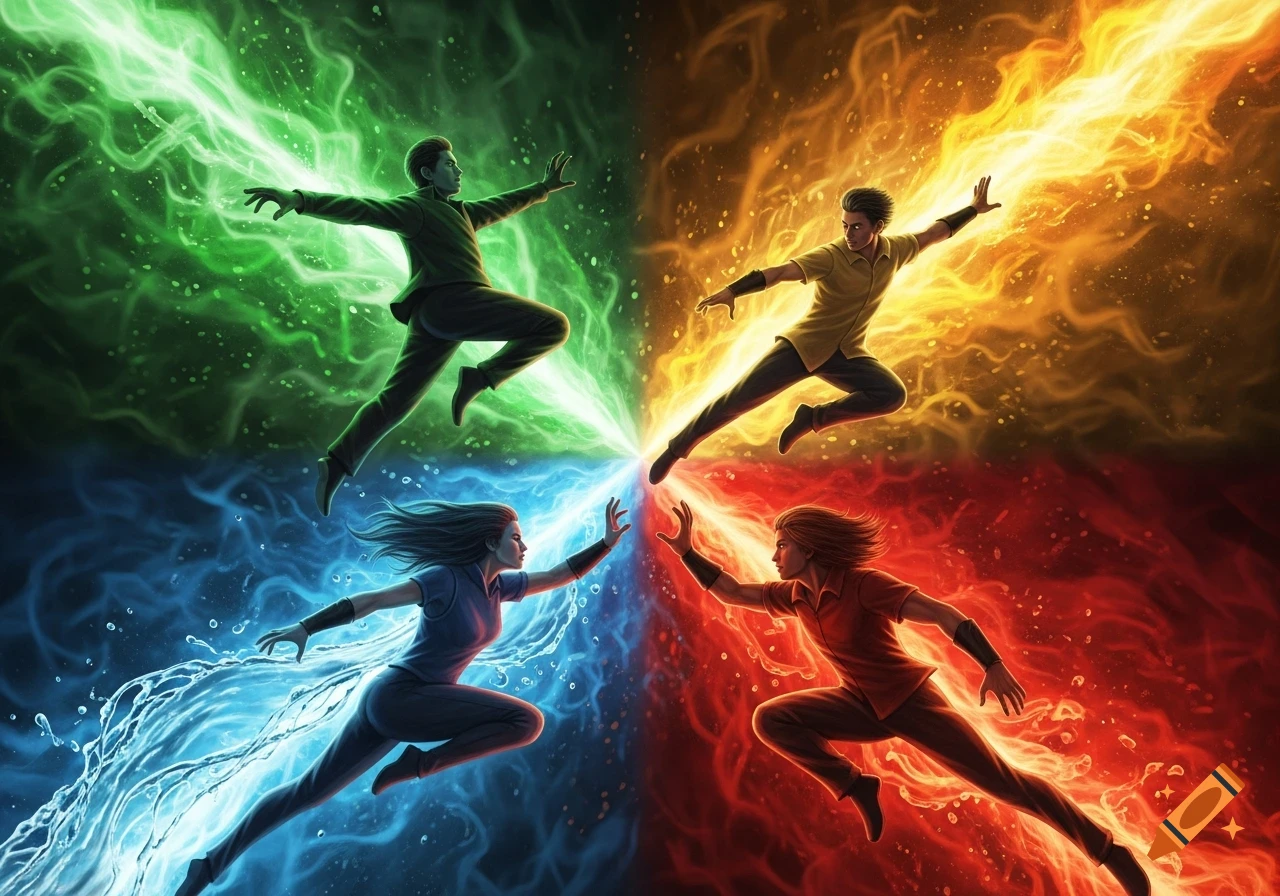 Four elemental figures in green, yellow, blue, and red, unleash energy towards a central point.