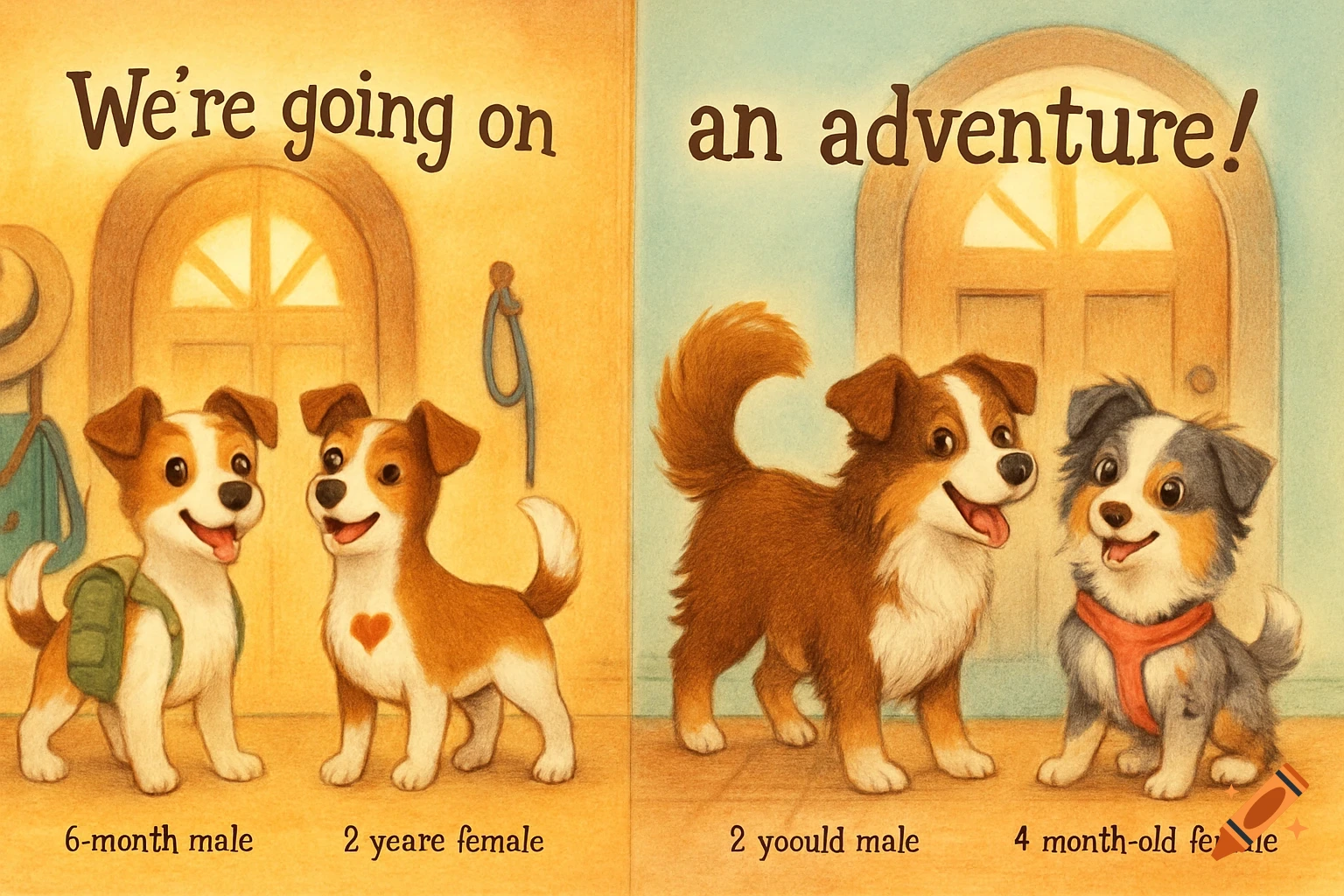 A whimsical children's book illustration shows four happy puppies in pairs before two doors, with text saying "We're going on an adventure!"