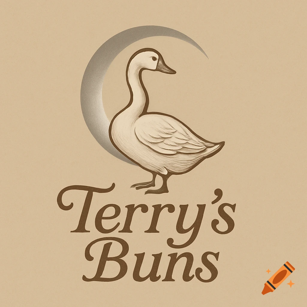 A stylized logo features a white goose in front of a crescent moon, with the text "Terry's Buns" below.