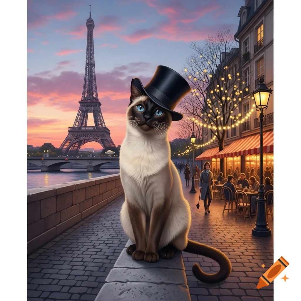 A Siamese cat in a top hat sits on a stone wall overlooking the Seine River with the Eiffel Tower and a bustling Parisian cafe at sunset.