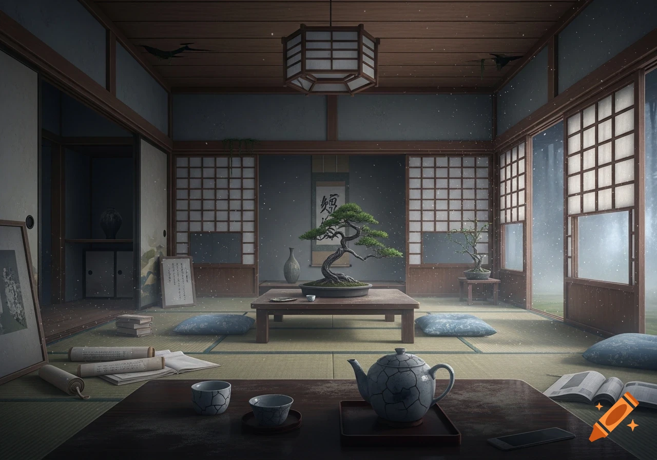 A serene, abandoned Japanese-style room with a bonsai tree on a low table, surrounded by tatami mats, paper screens, and a tea set, with snow falling outside the windows.