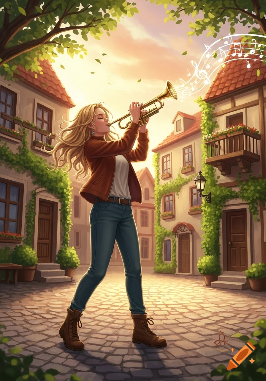 An illustrated blonde woman plays a trumpet in a sunny village street, with musical notes floating.