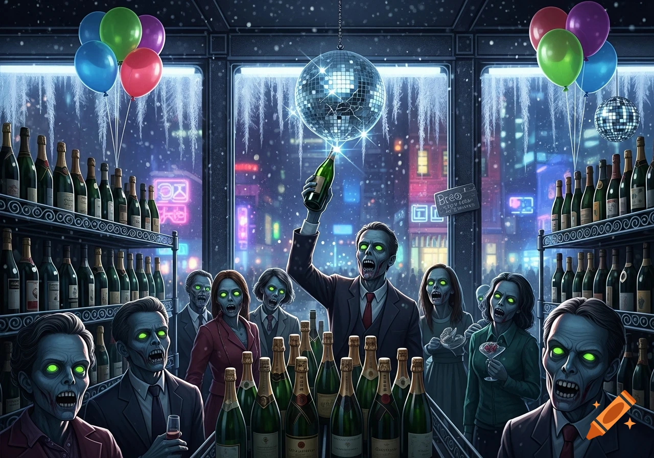 A new year's eve party with a crowd of green-eyed zombies in a liquor store, holding champagne bottles and glasses, with balloons and disco balls. Snow falls outside windows.
