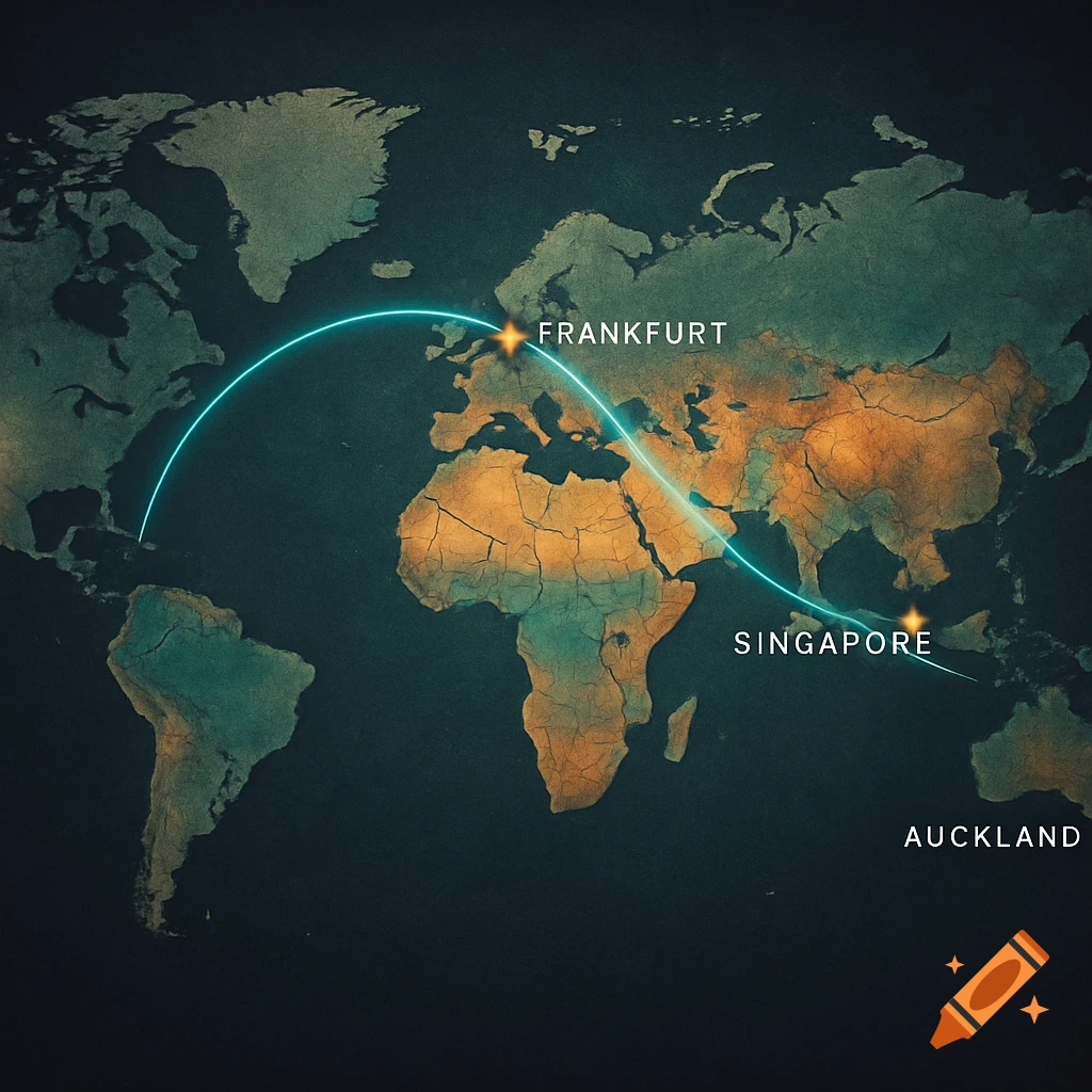 A vintage-style world map showing a glowing blue flight path connecting Frankfurt, Singapore, and Auckland.
