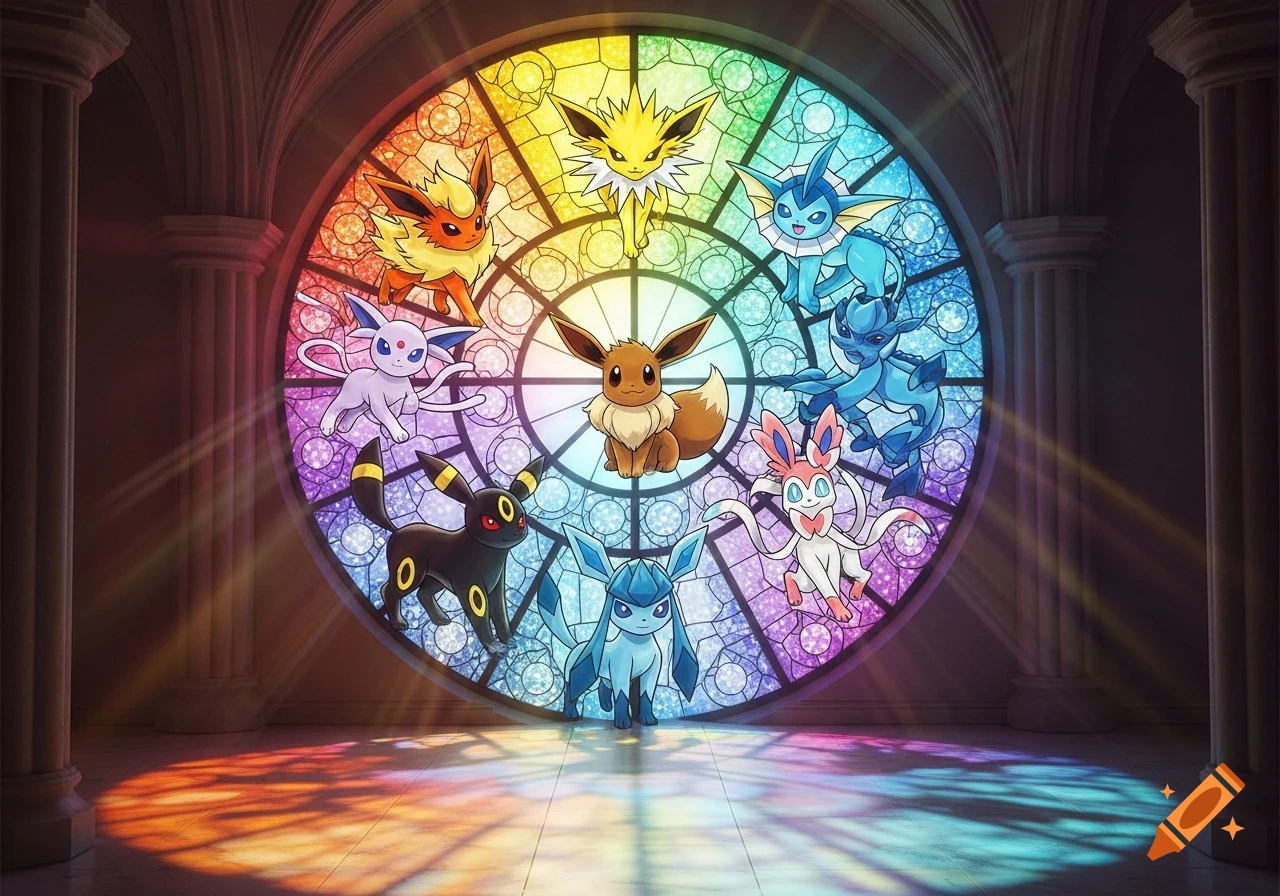 Eevee and its evolutions in a vibrant circular stained glass window, casting colorful light onto a stone floor.