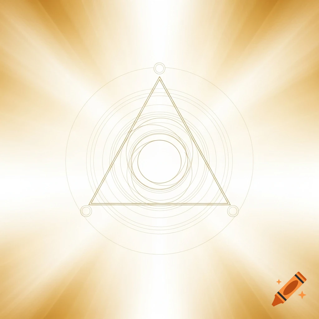 A symmetrical sacred geometric sigil with a central triangle and concentric circles, against a soft gold and white light gradient background.