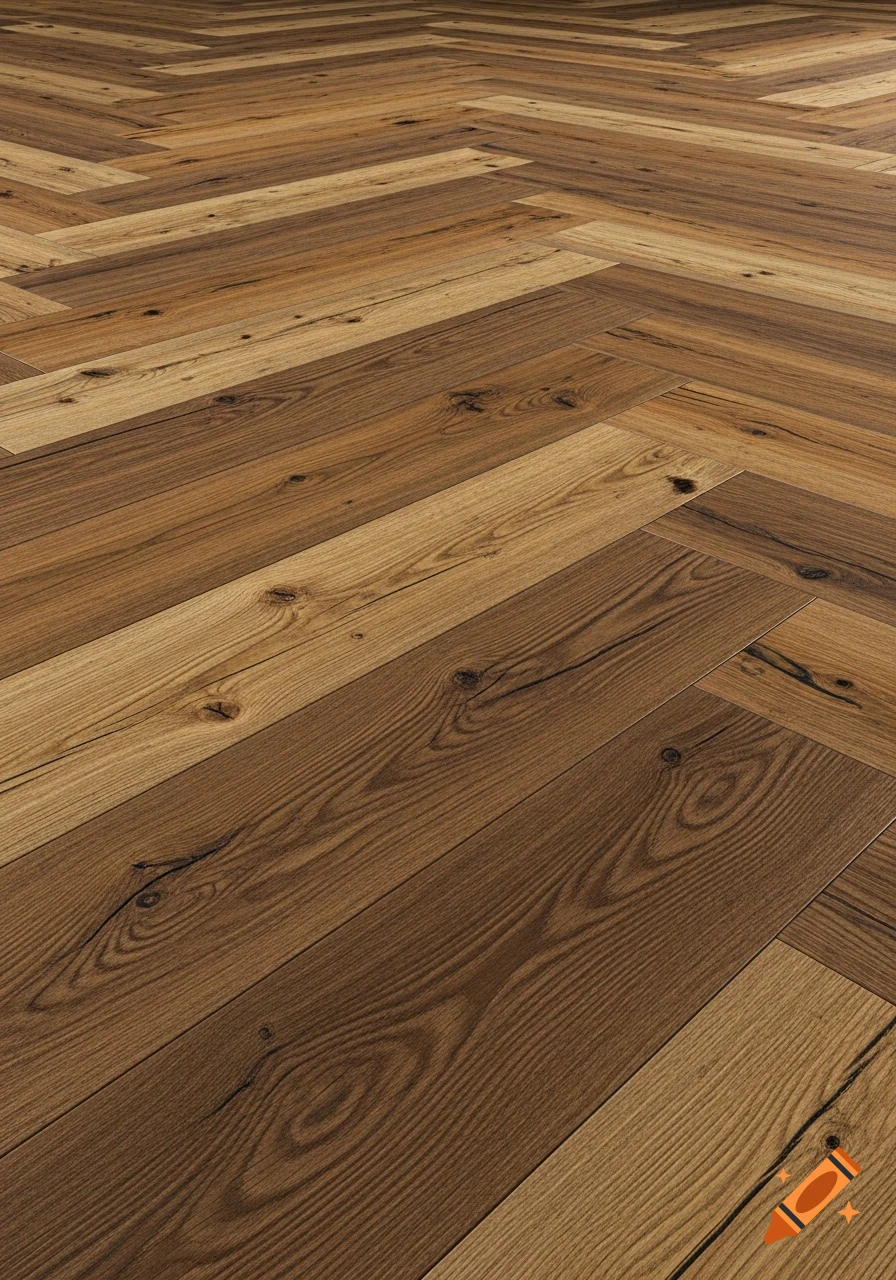 Close-up photorealistic wood floor with a herringbone pattern, showing natural grain and varying brown tones.