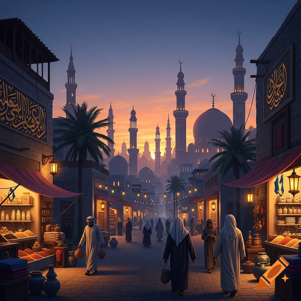 An Arabian market street at sunset, with people in traditional robes, market stalls, and mosques with minarets in the background.